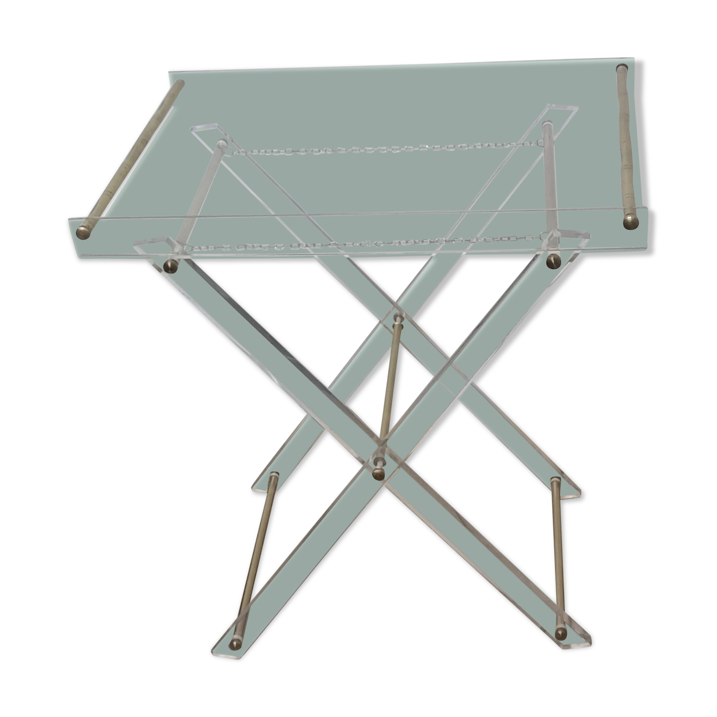 Folding side table in plexiglass and brass, 1970s.