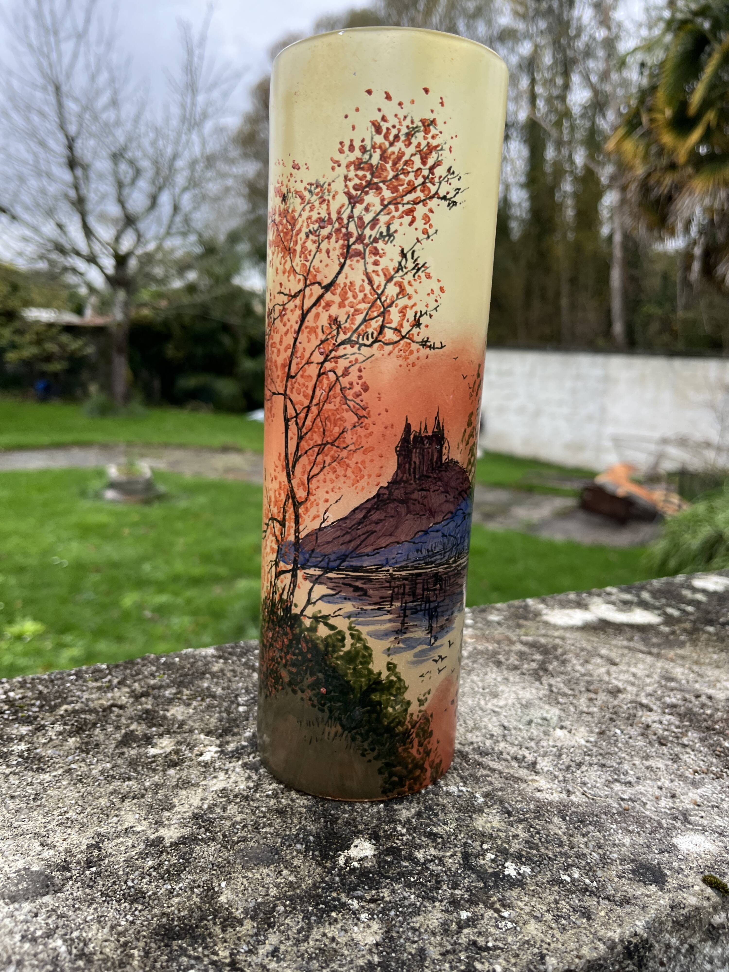 Legras vase in enameled glass with castle decoration