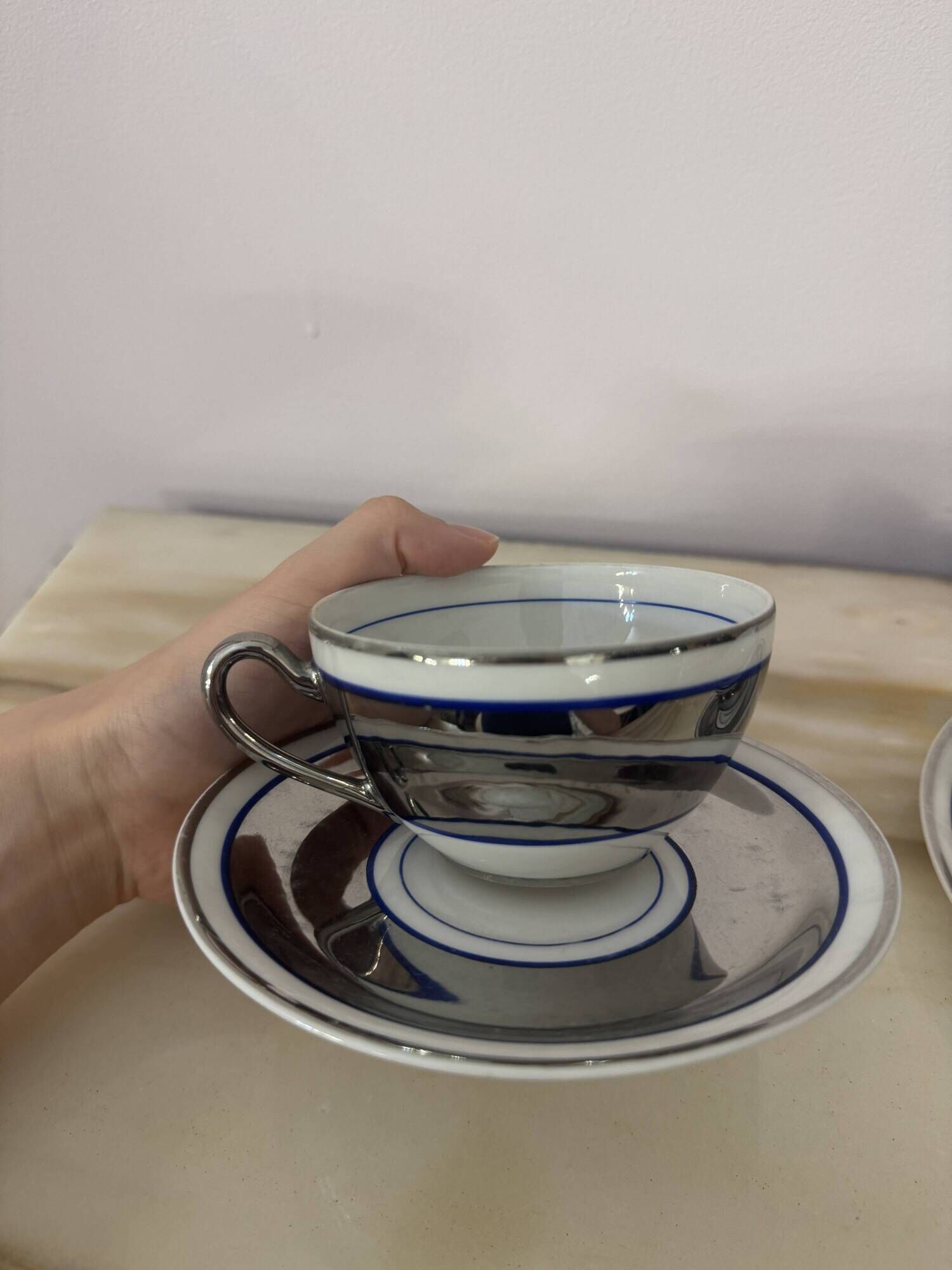 Set of 2 Limoges Chapus et Fils Porcelain Tea Cups and Saucers