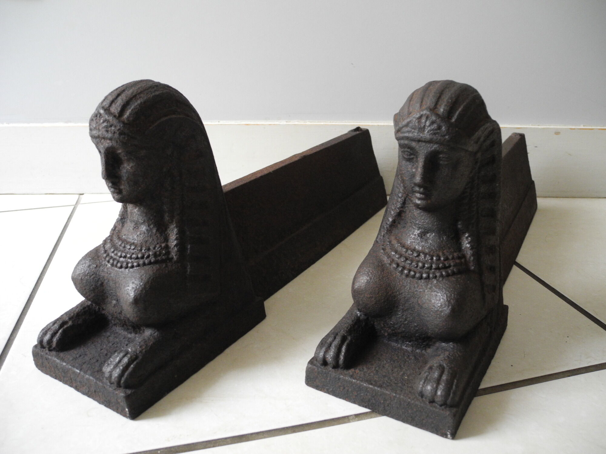 Pair of old chenets sphinx cast iron deco back from egypt