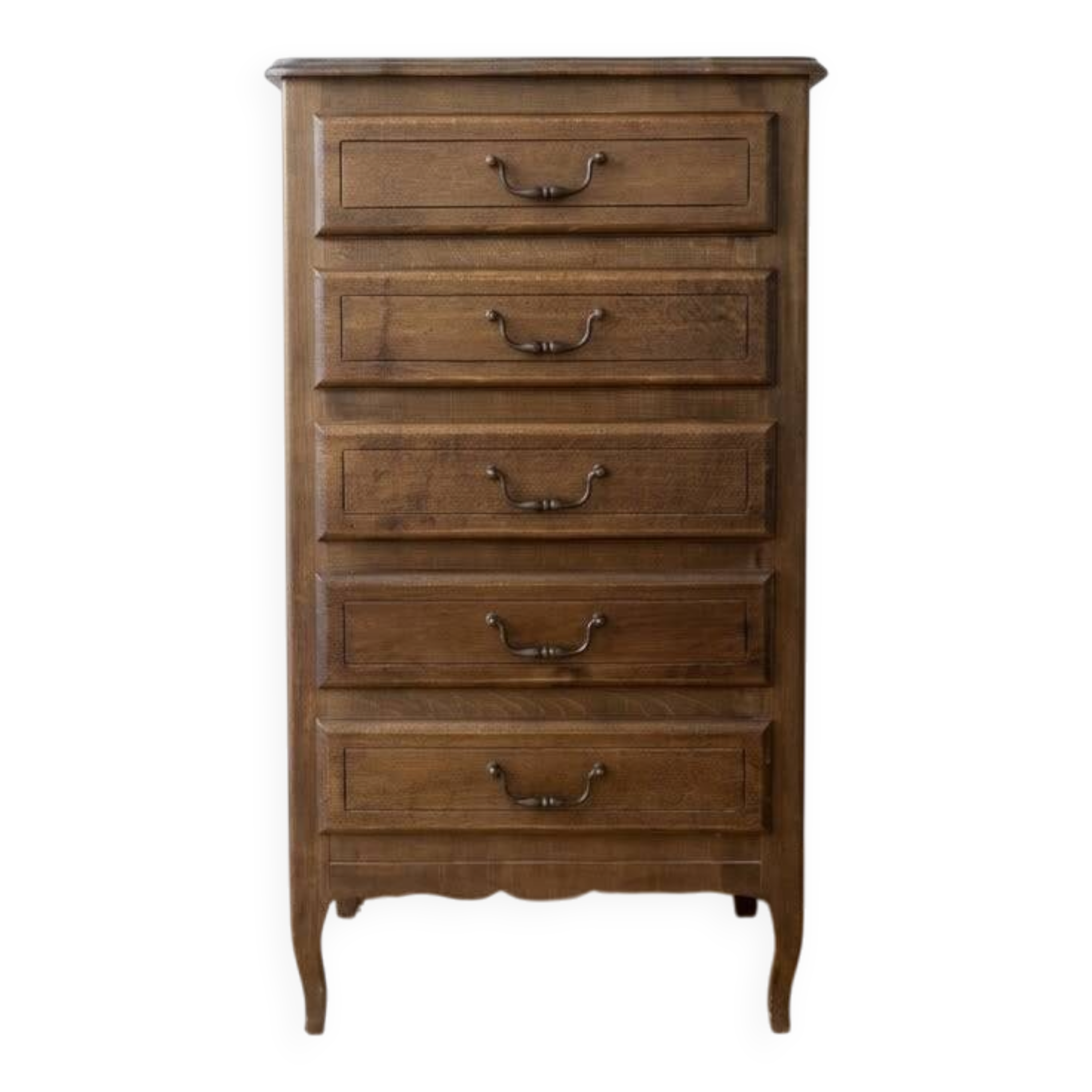 Antique chest of drawers with 5 wooden drawers.