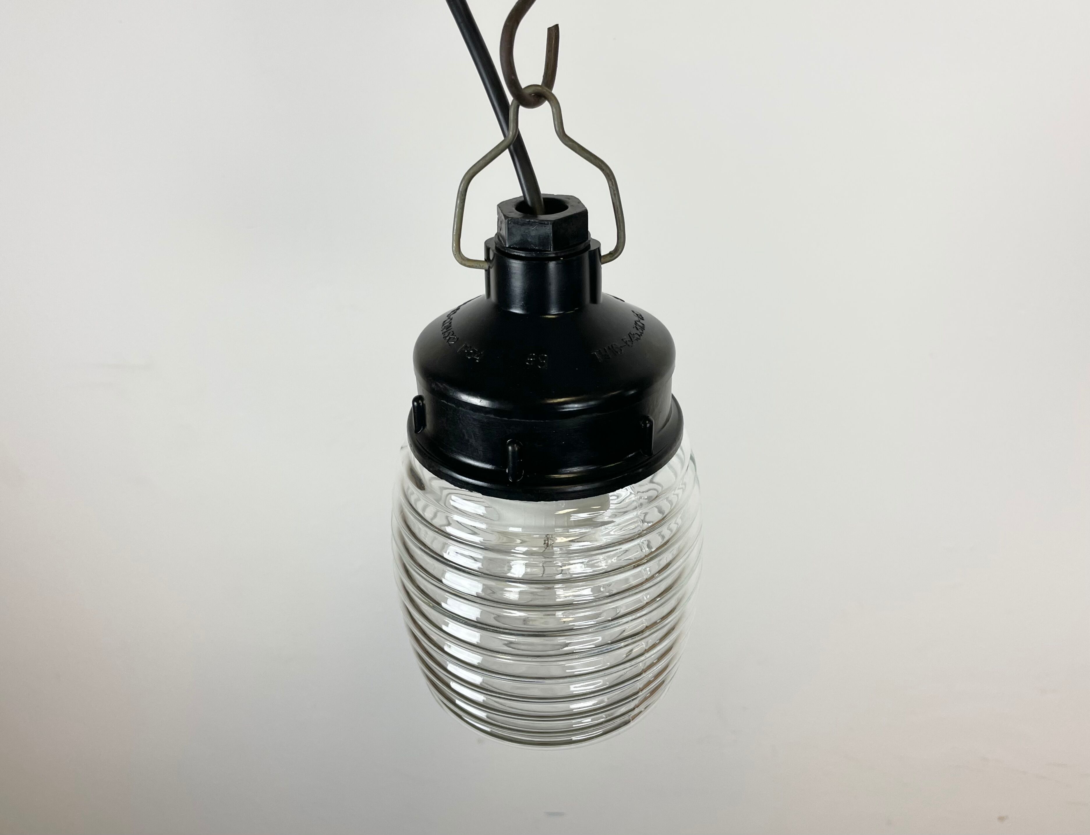 Industrial Bakelite Pendant Light with Ribbed Glass, 1970s