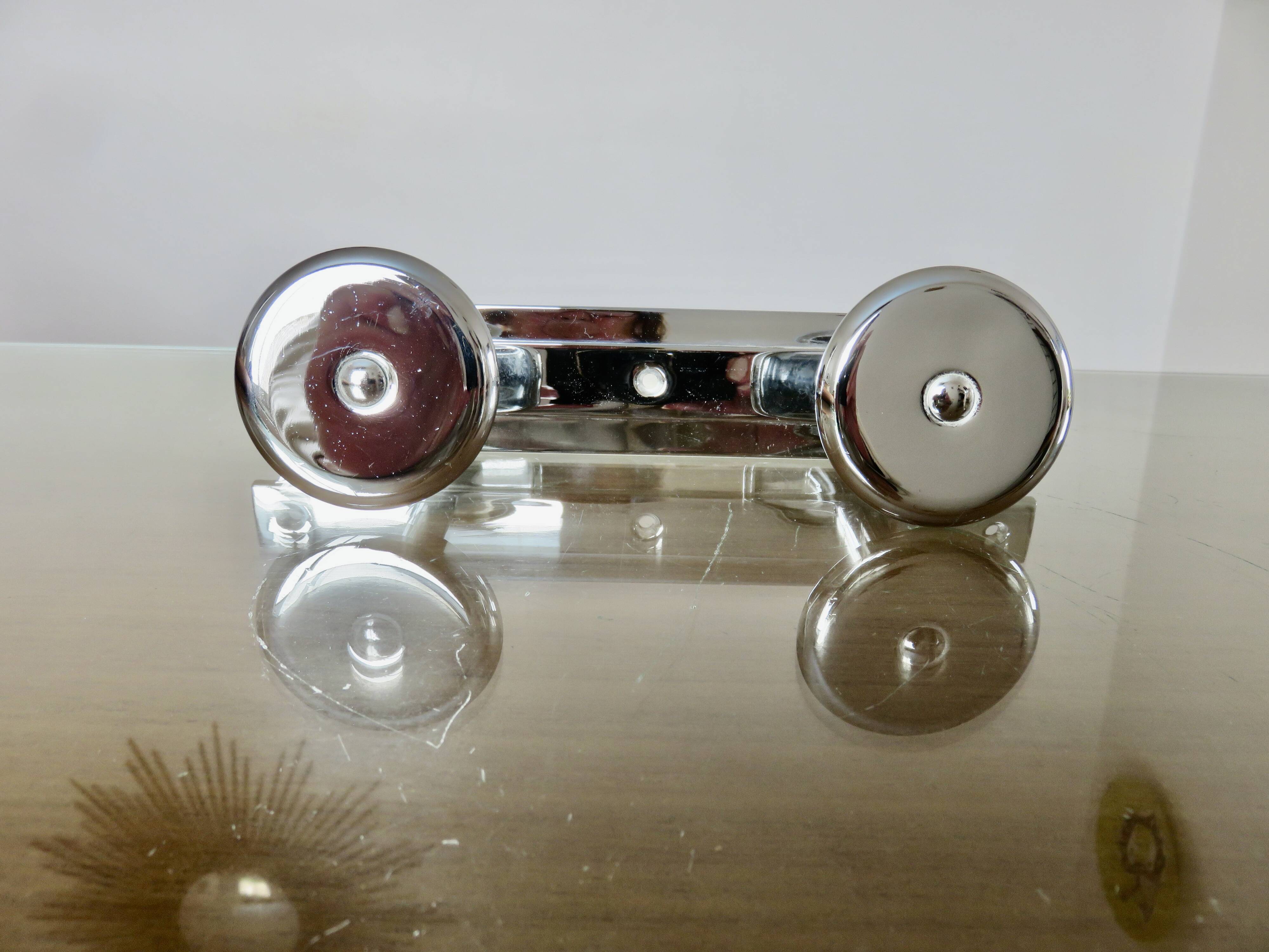 Wall-mounted coat rack in chrome brass, Art Deco, 2 hooks, 1940s 50s