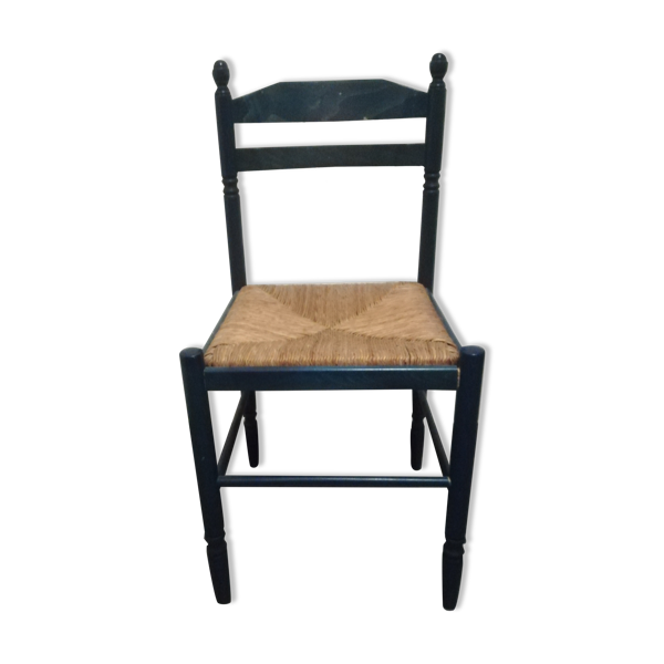 Chaise en bois bleue assise osier | Selency