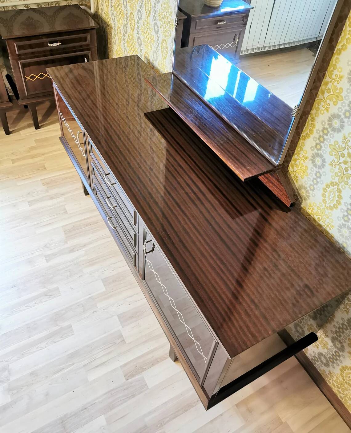 Mid-Century Wooden Dresser Sideboard with Detachable Mirror: 1970s Vintage