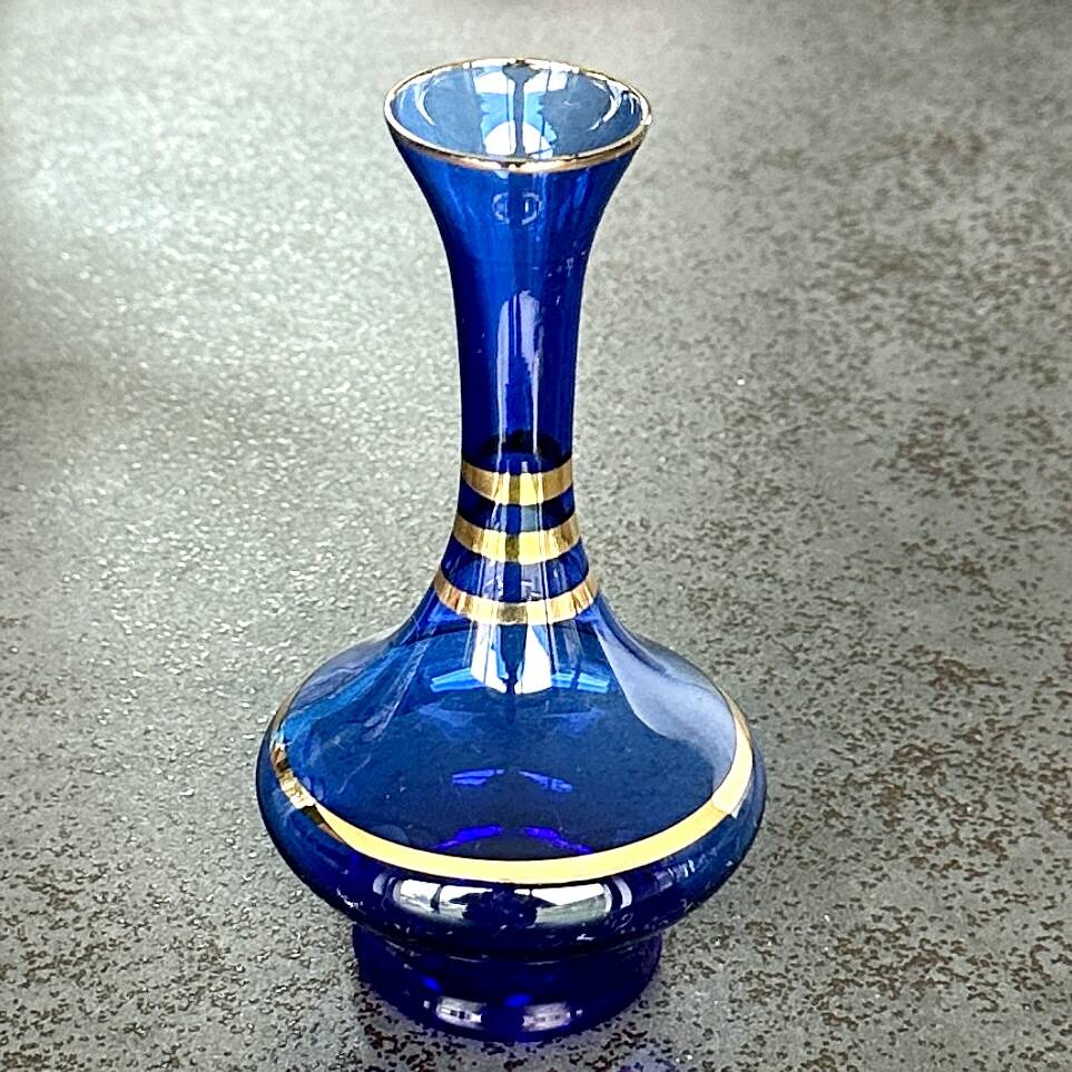 Translucent green blue glass soliflore with gold trim - 15 cm