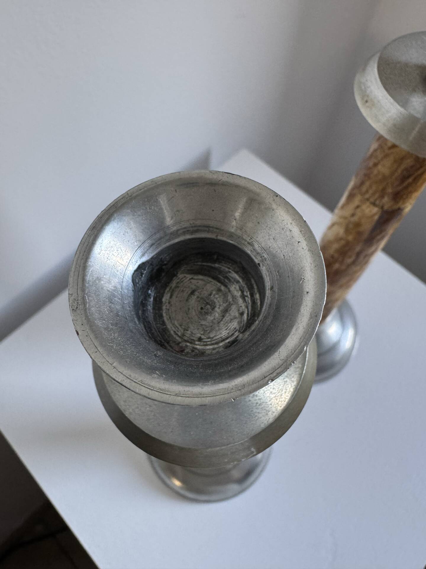 A Pair Of Vintage Mid Century Modern Metal With Faux Bone Candle Holde
