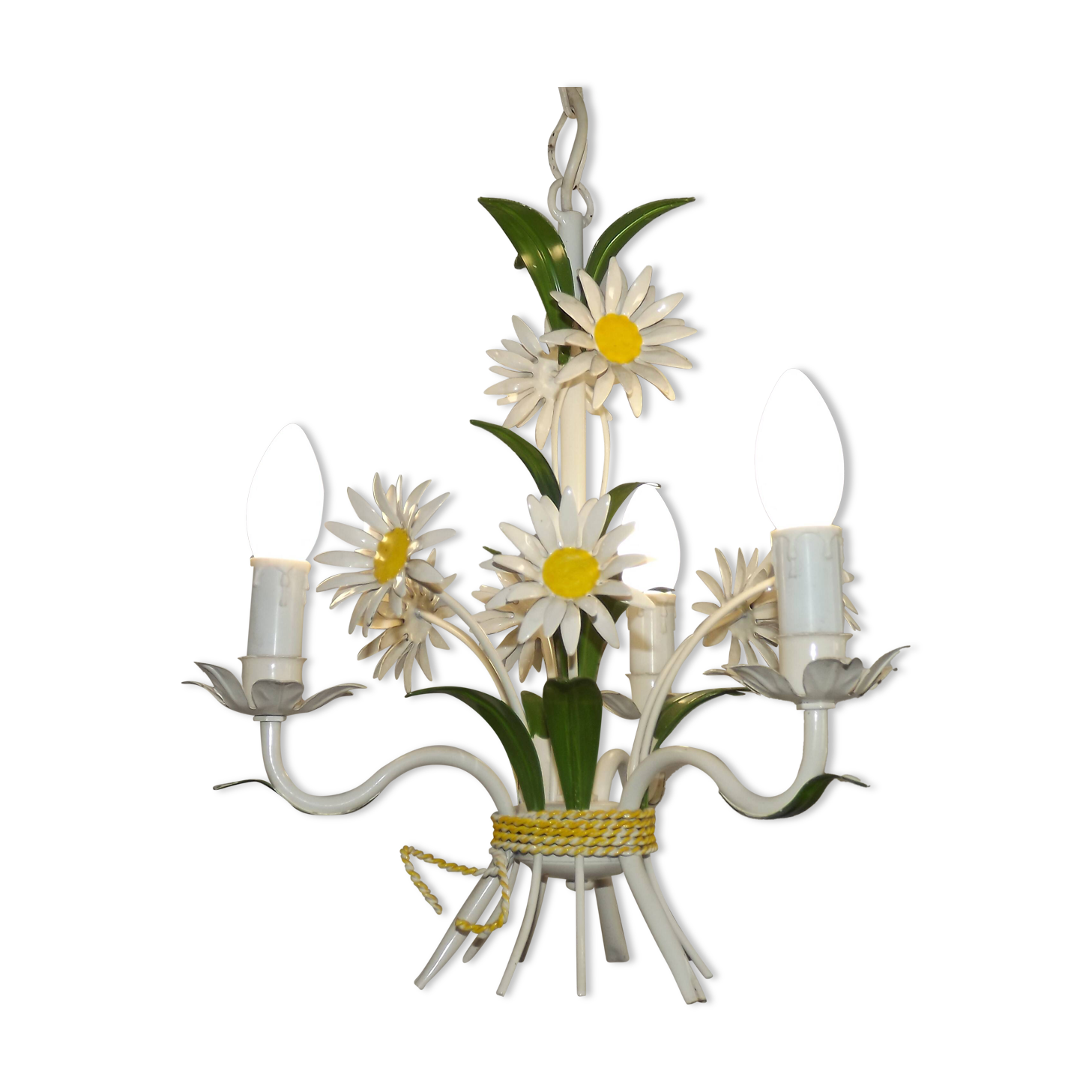 French Vintage Tied Bouquet Style Daisy Flower 3 Light Chandelier