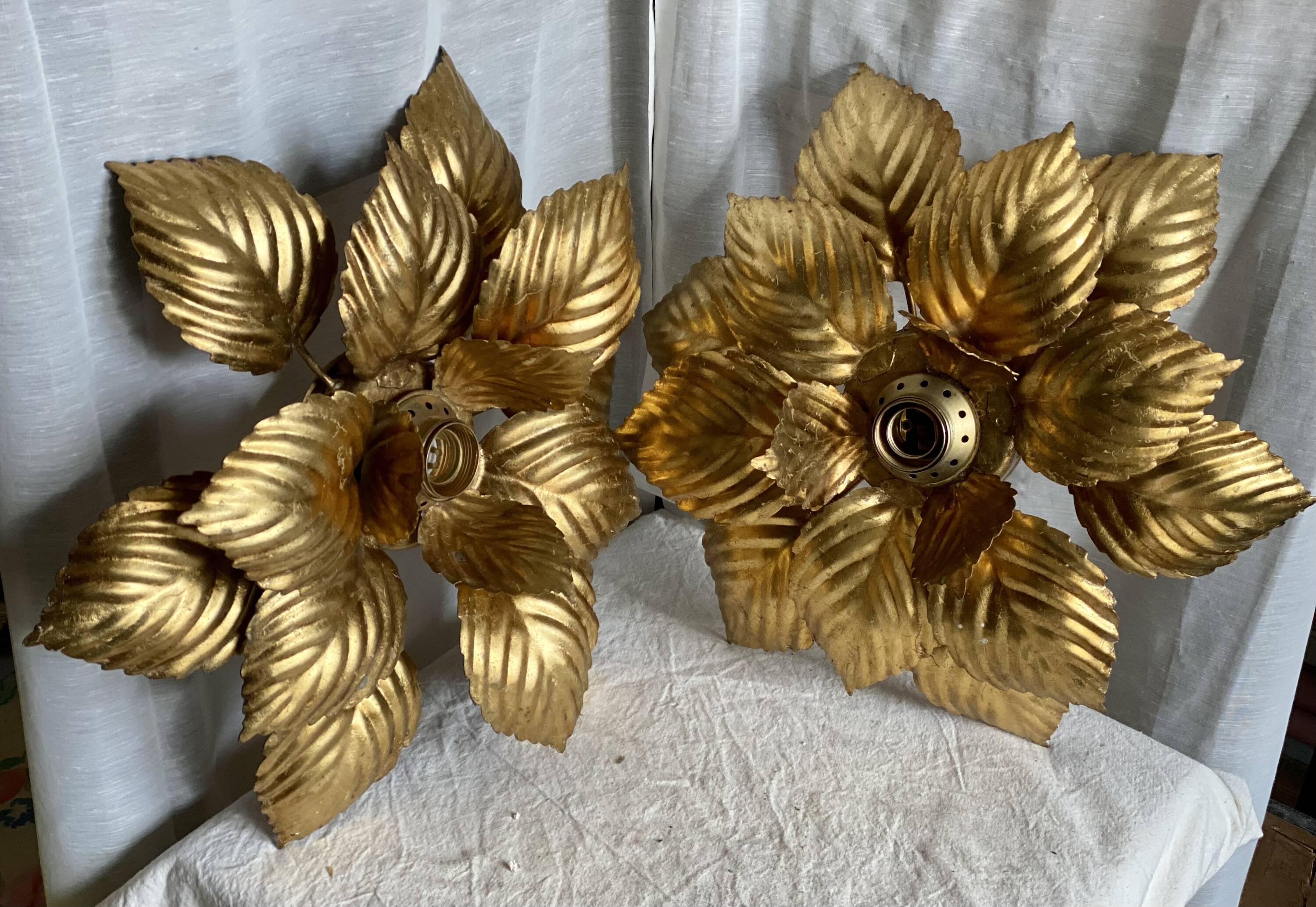 Pair of vintage Masca wall lights with golden flowers, 1970s