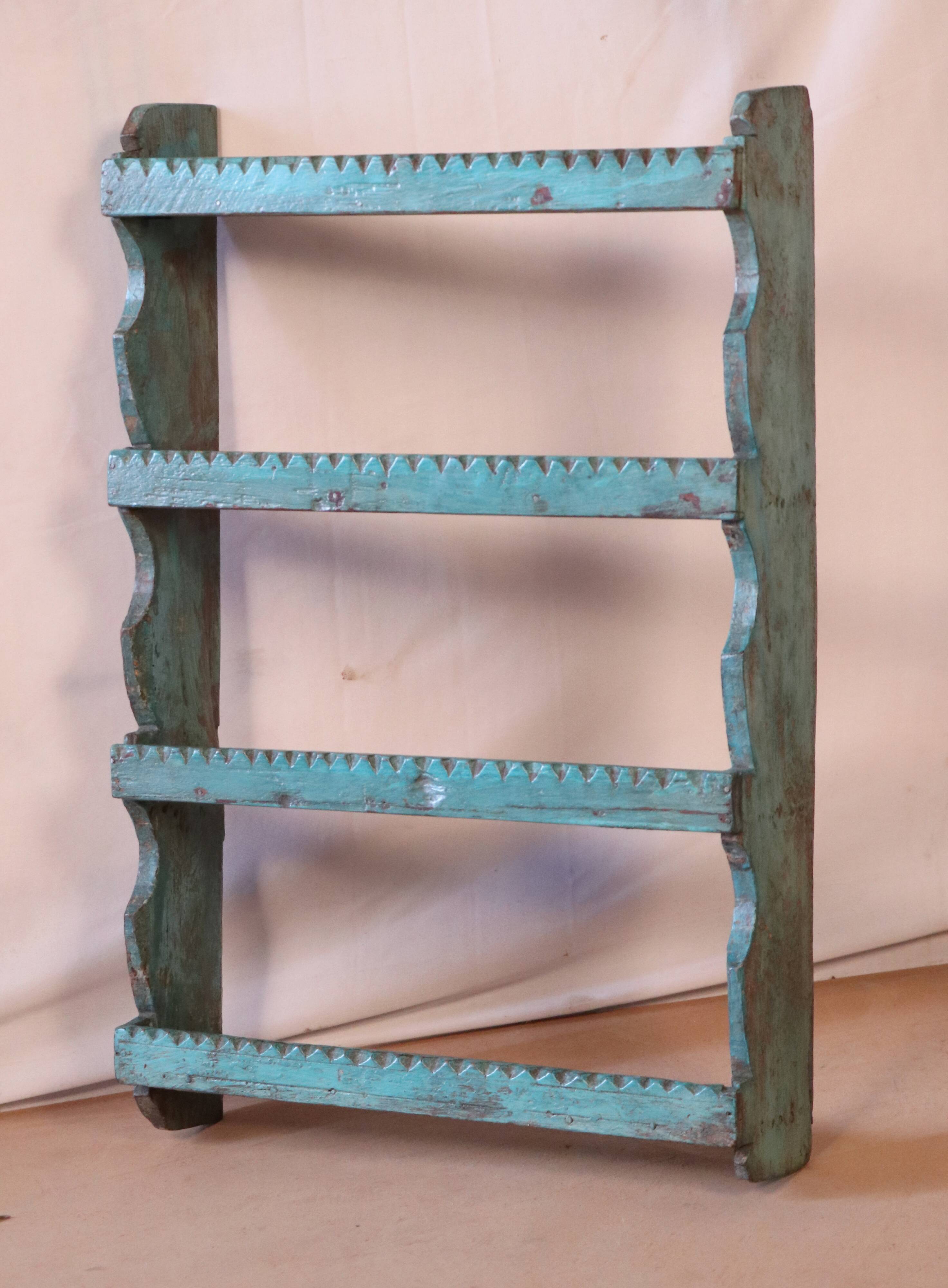 Old Burmese teak wall shelf original blue patina