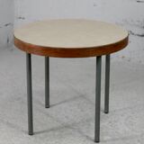 Side table tubular steel base, round top strapping wood, France, circa 1950