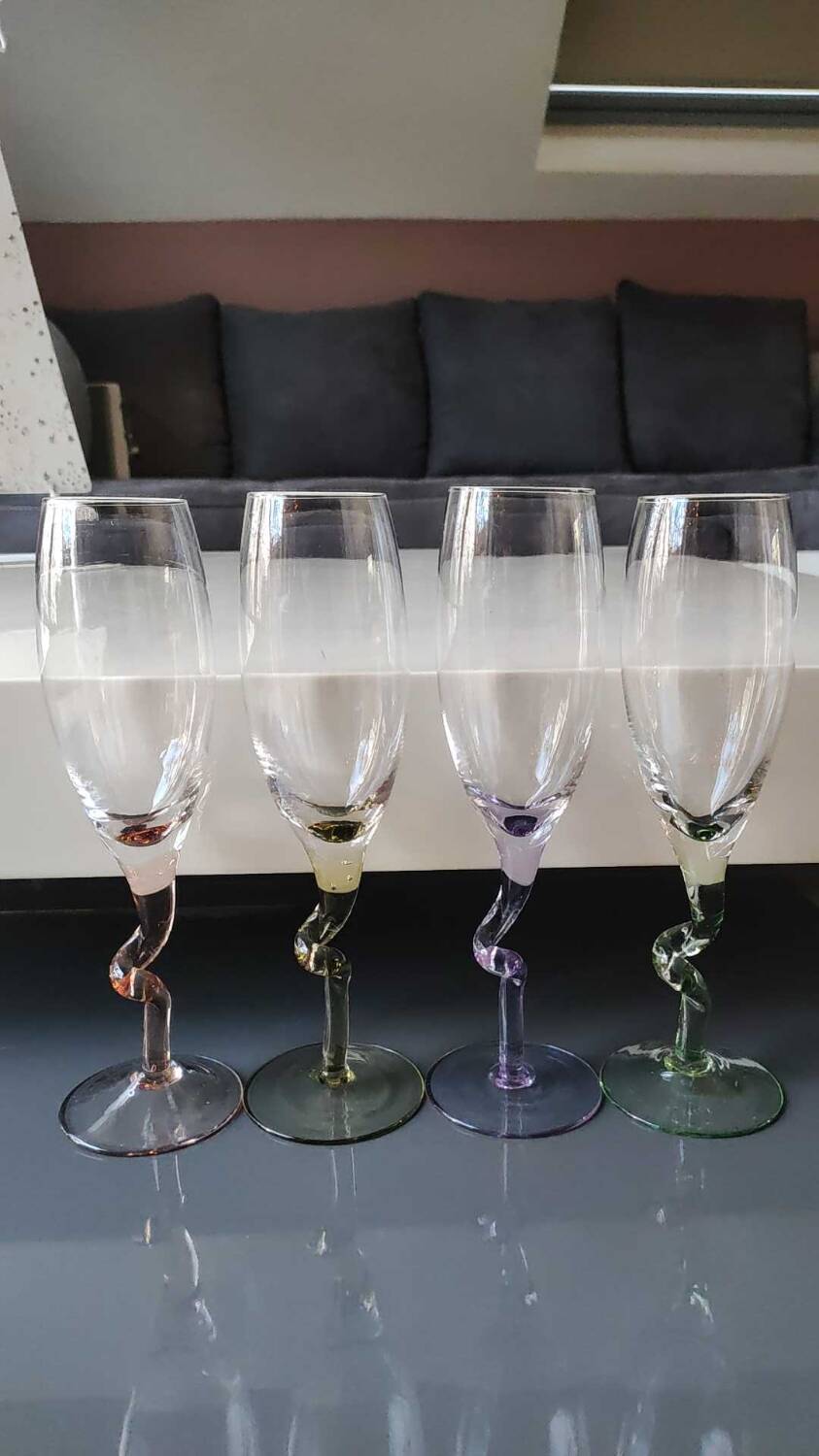 Lot 4 Large Champagne Flutes/Twisted design foot, colorful. High 22.5 cm