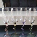 Lot 4 Large Champagne Flutes/Twisted design foot, colorful. High 22.5 cm