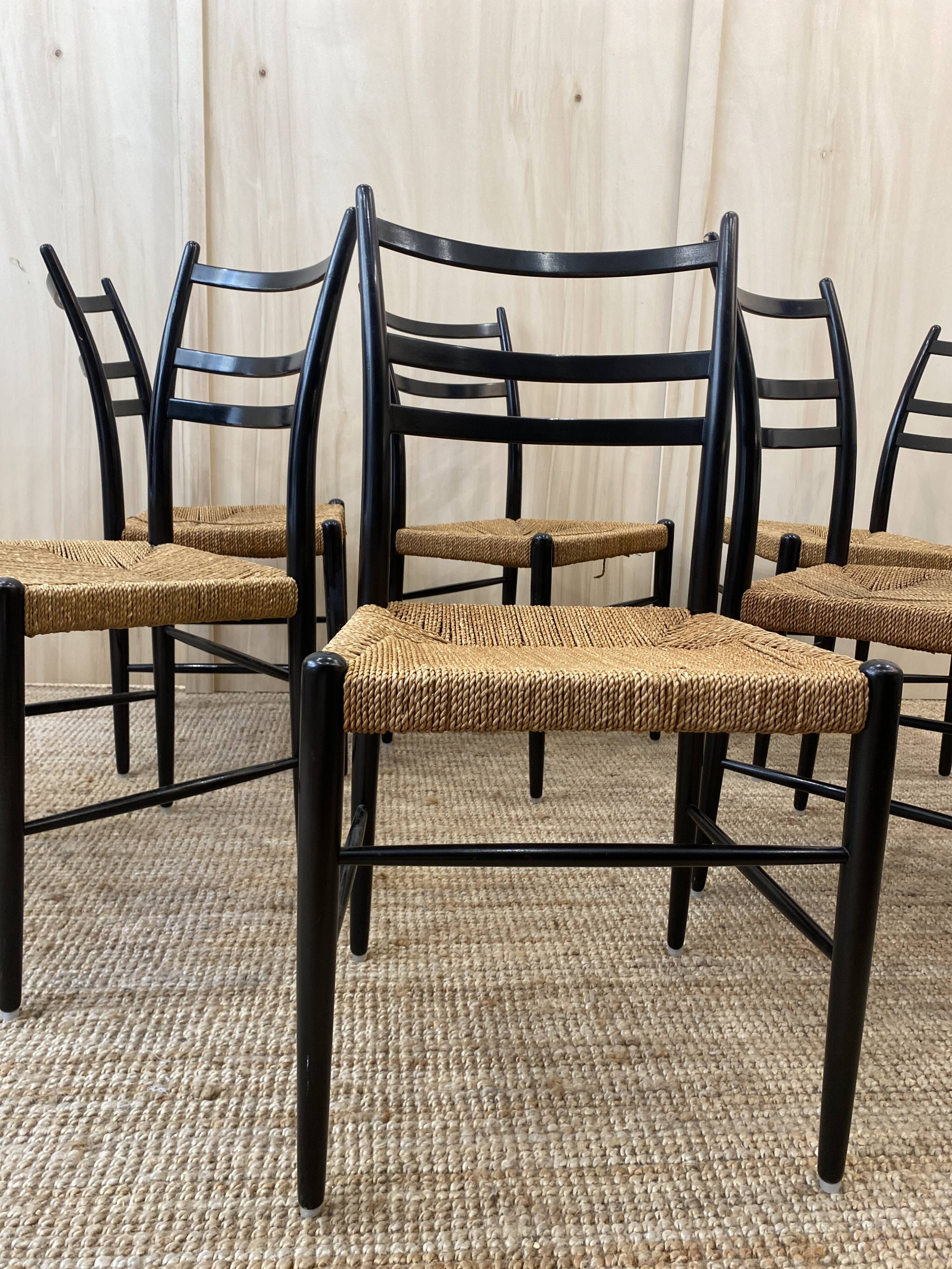 Série de 6 chaises en bois & cordes - italie 1960