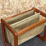 60's 70's newspaper holder magazine rack by Aksel Kjersgaard in teak and suede