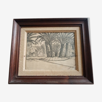 Ancien tableau, dessin à l'encre signé , les palmiers
