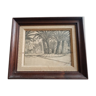 Old painting drawing in ink signed , Les Palmiers