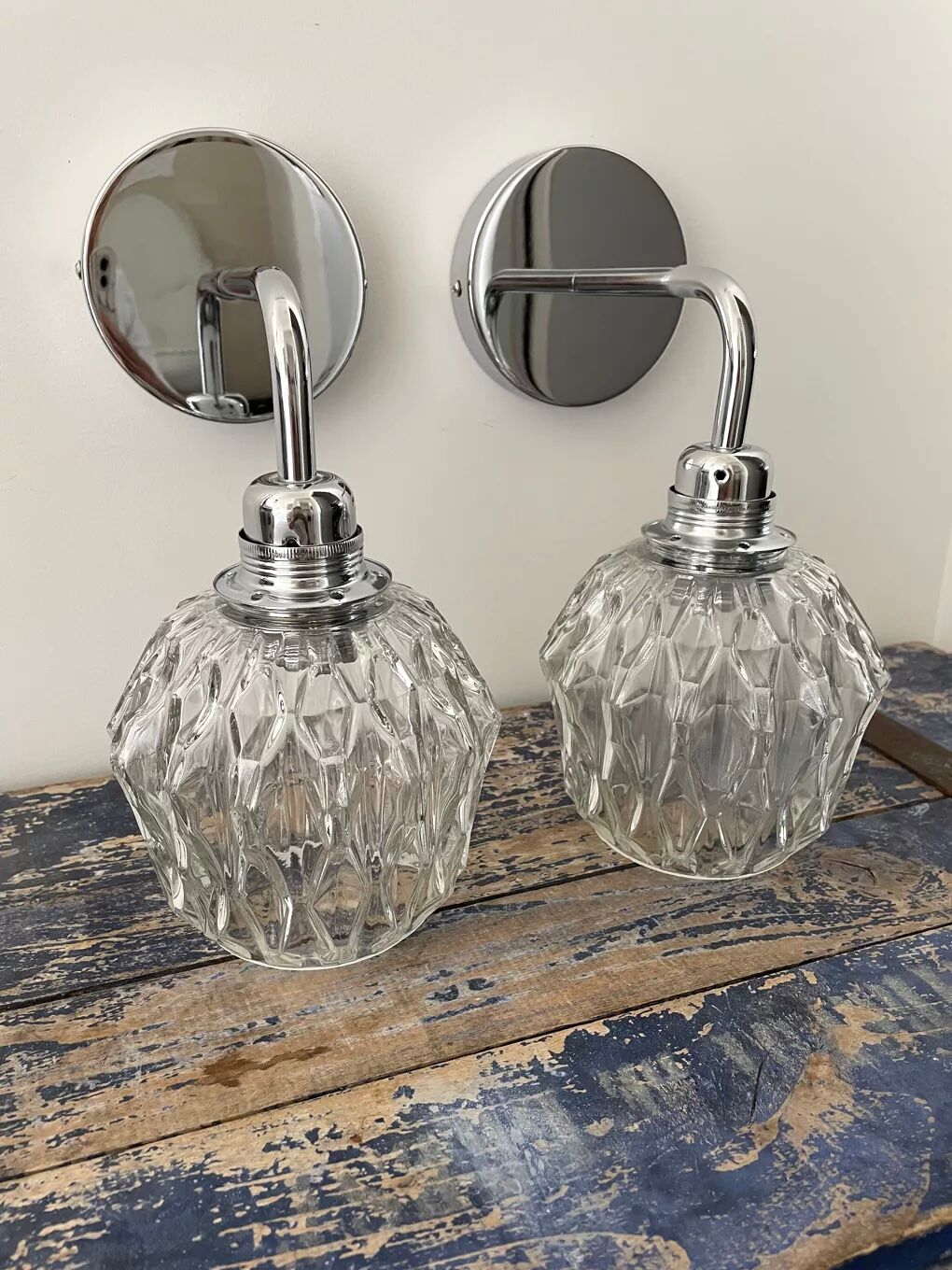 Set of vintage electrified glass wall lamps