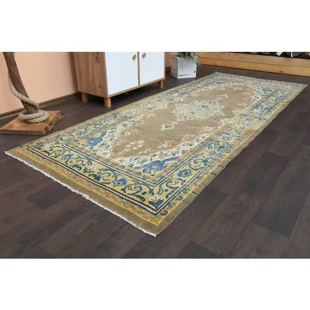 Vintage Turkish Oushak Handmade Wool Cotton Brown Runner Rug 127x310
