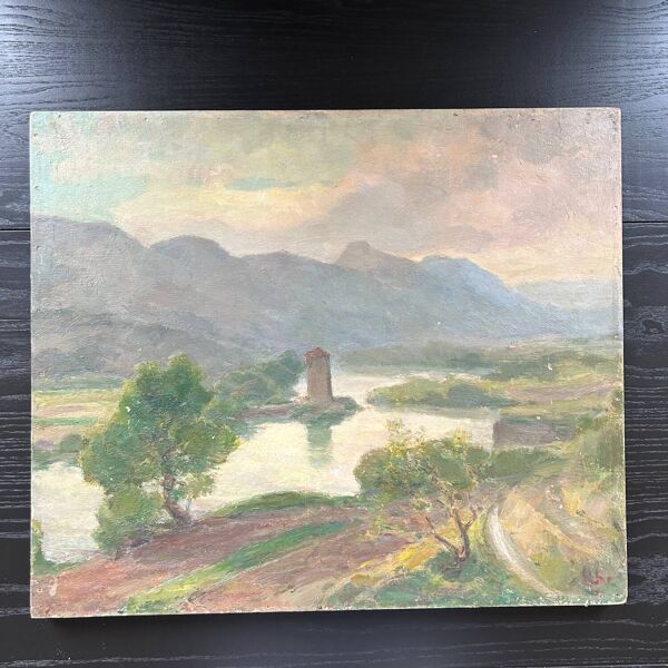 Tableau ancien paysage lac et montagne