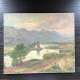 Old lake and mountain landscape painting
