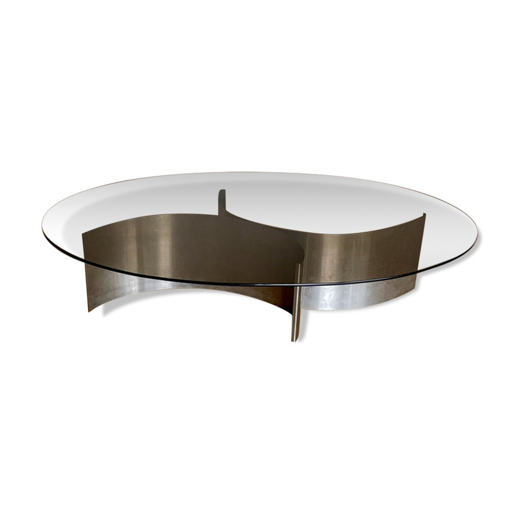 Table basse inox et verre fumé, 1970 | Selency