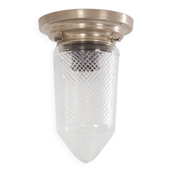 Lampe de plafond art déco en verre poli sur une base nickelée, années 1930