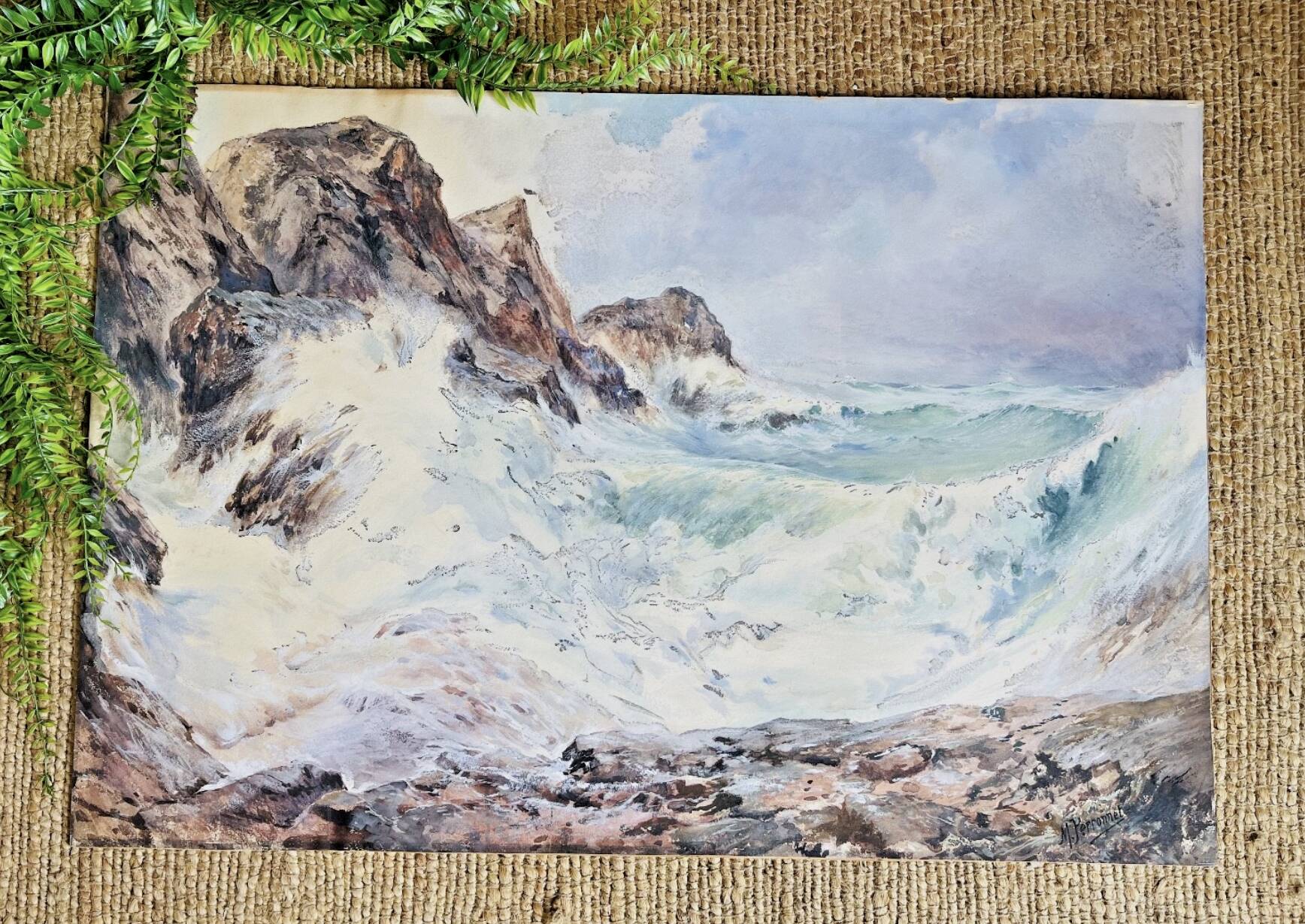 Watercolor Maurice Perronnet (1877-1950) Wave breaking against a rock
