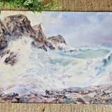 Watercolor Maurice Perronnet (1877-1950) Wave breaking against a rock