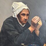 Oil on canvas by M. Dorion 1893 portrait of a Breton woman at work