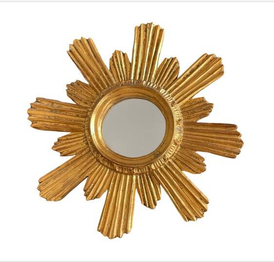 Golden carved wooden sun mirror — 38 cm