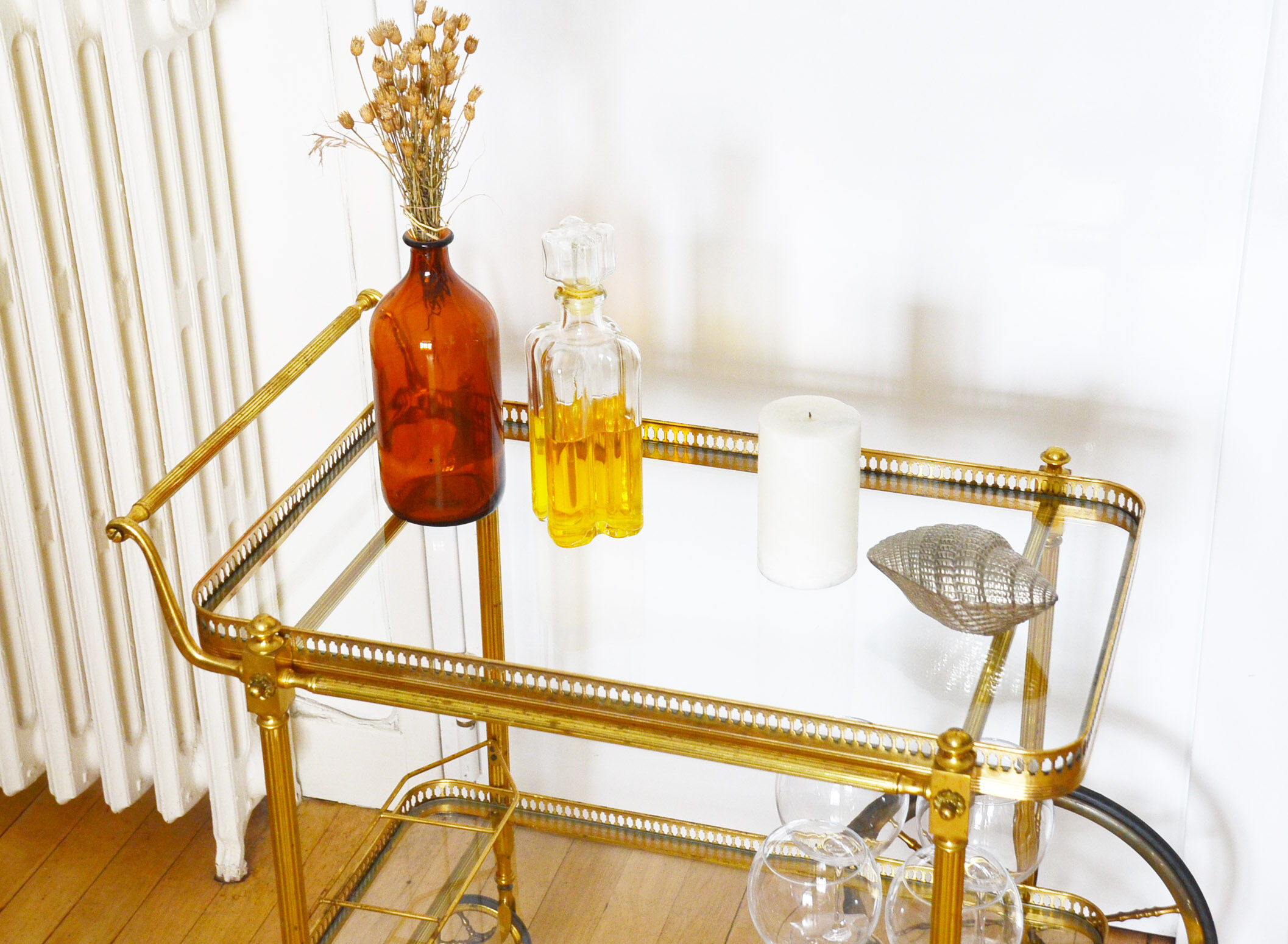 Brass trolley with wheels 60's bottle holder