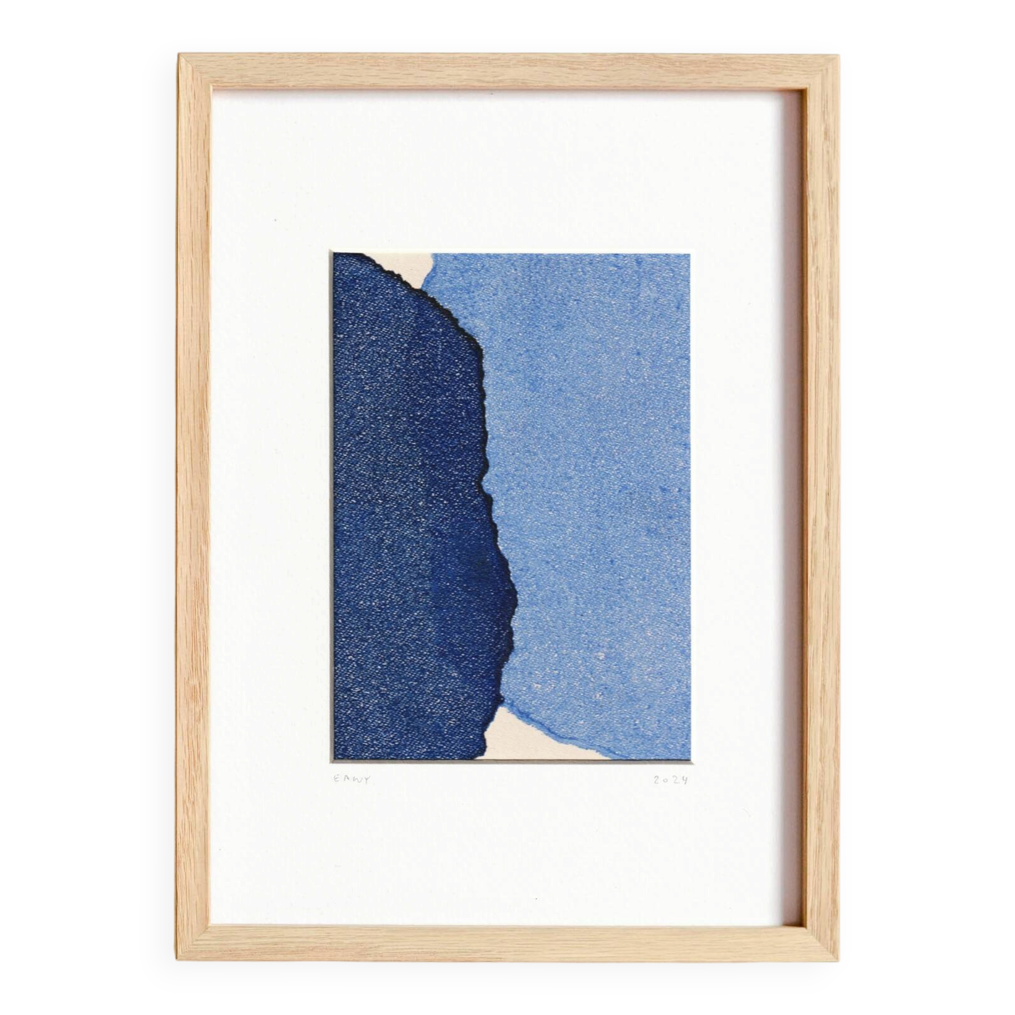 Abstract painting on blue paper signed Eawy.