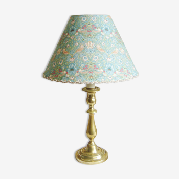 Antique brass candlelight with its handmade lampshade in William Morris fabric