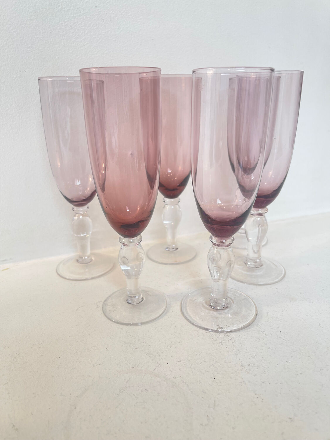 Set of 6 smoked pink champagne flutes – 1970s
