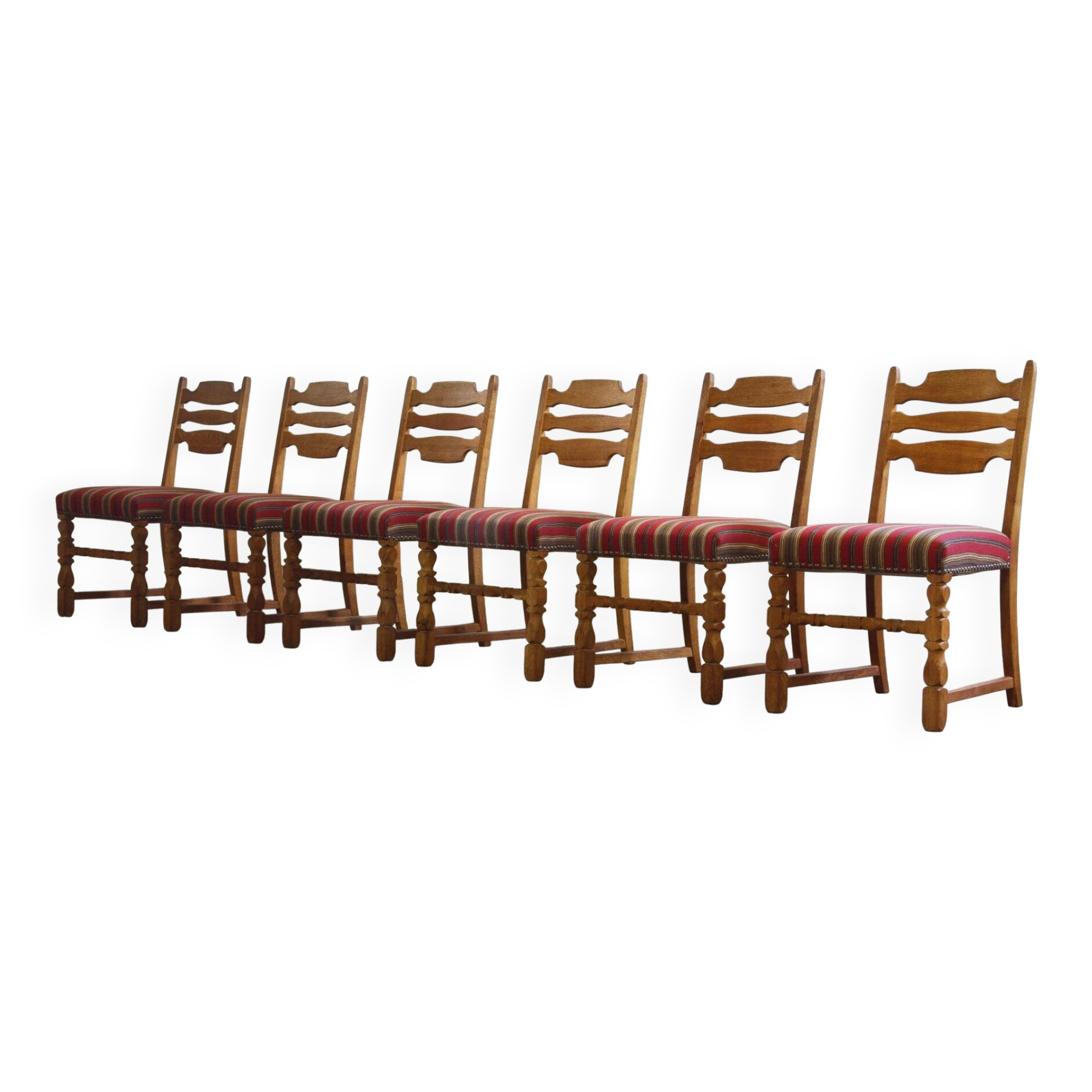 Danish modern brutalist oak dining chairs by Henning Kjærnulf, 1960s, set of 6