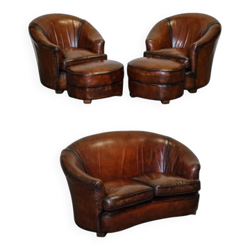 Canapé, Fauteuils et Ottomanes Art Déco Teint à la Main en Brun Whisky, 1920s, Set de 5