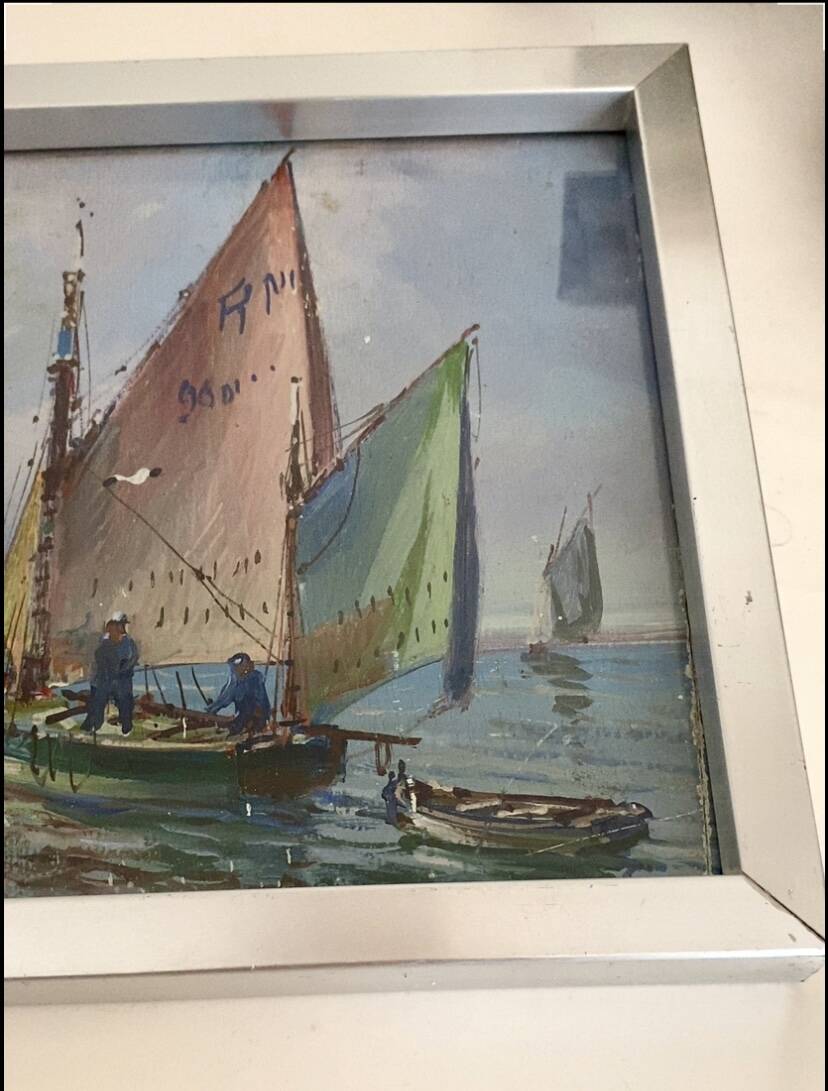 “Port Breton” oil, 1940s, under glass