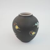 Small black ceramic vase with abstract fish and wave pattern