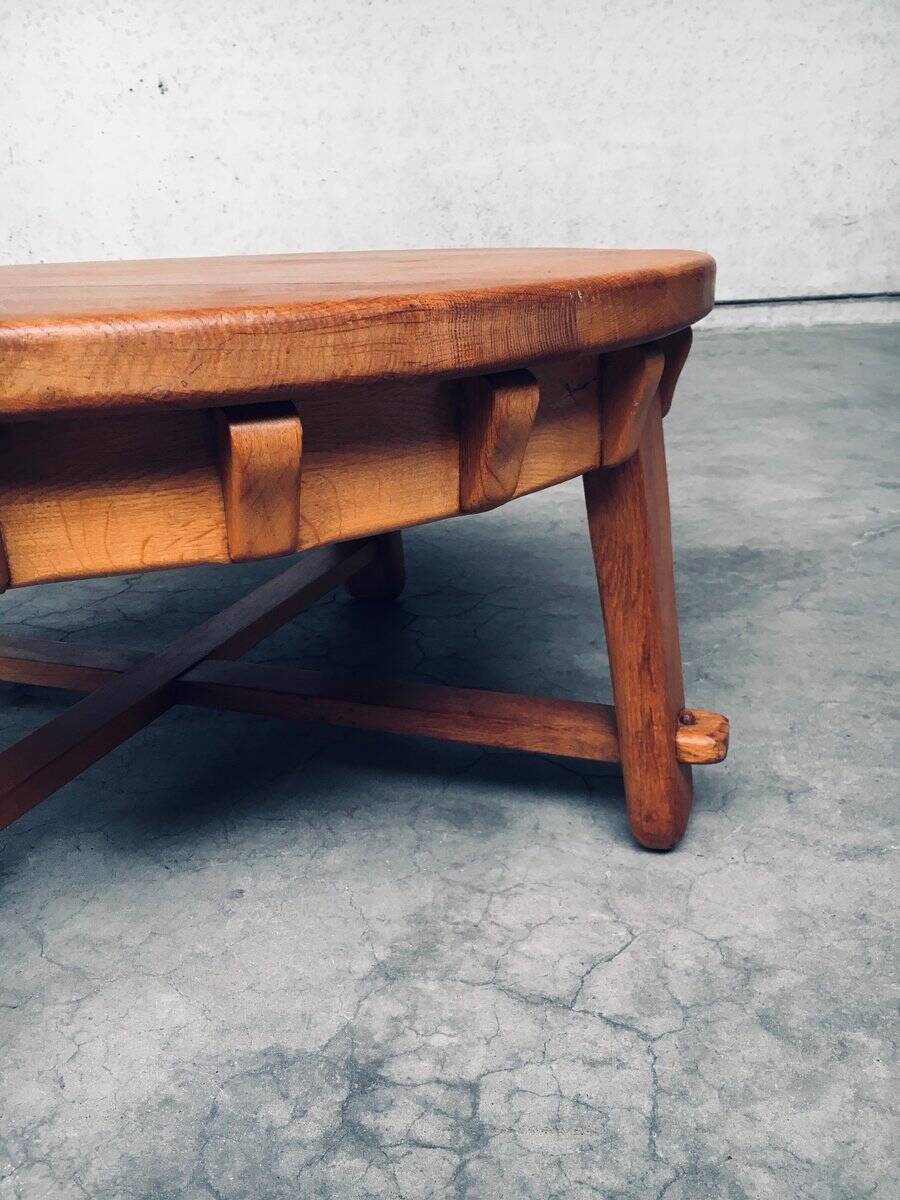 Brutalist Handcrafted Oak Coffee Table, Netherlands, 1950s