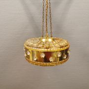 Ceiling-hanging lamp in glass with prisms and metal details