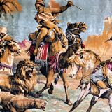 Orientalism tapestry with hunting scene of Arab warriors and lions