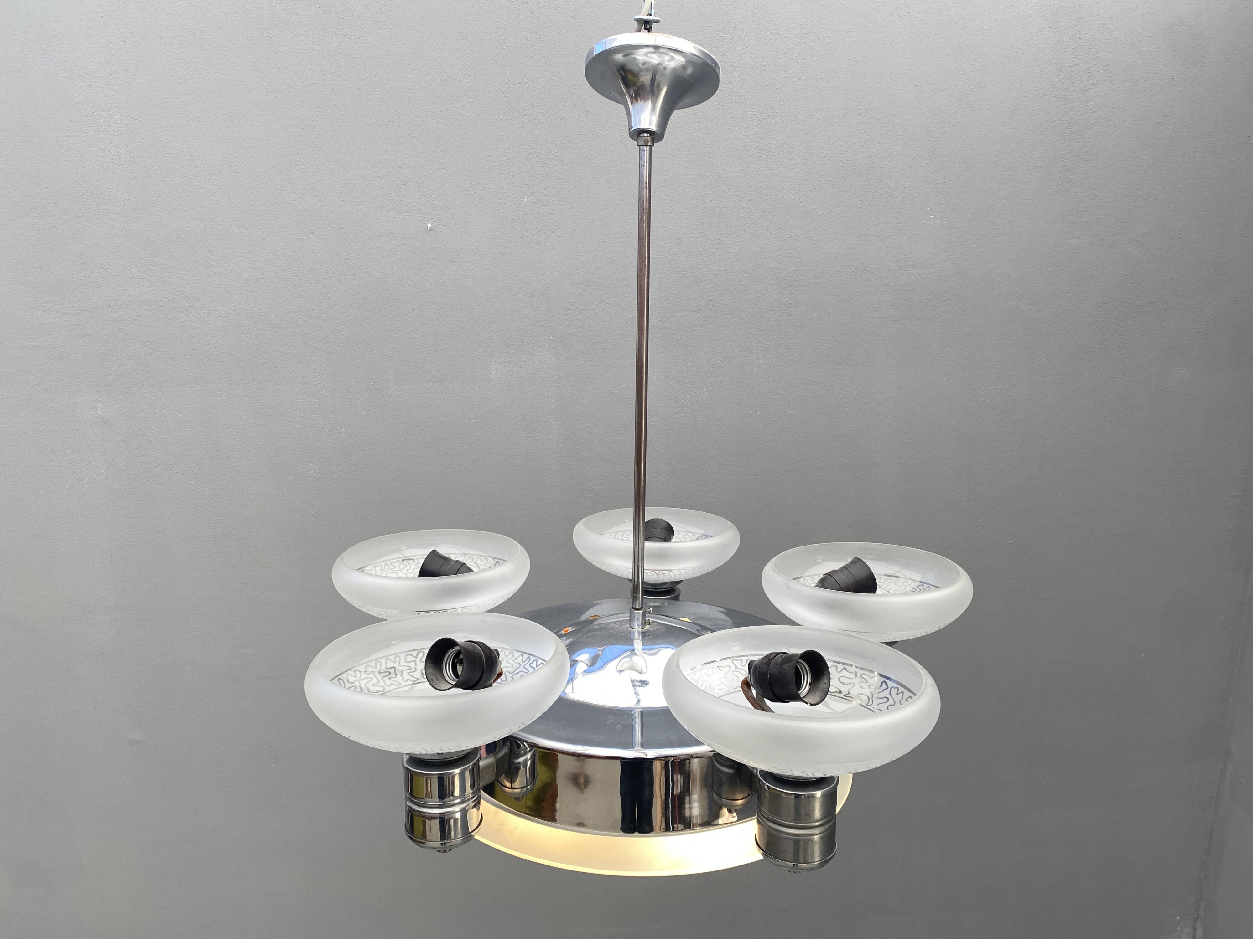 Art Deco Chrome Chandelier with Glass Bowl Shades