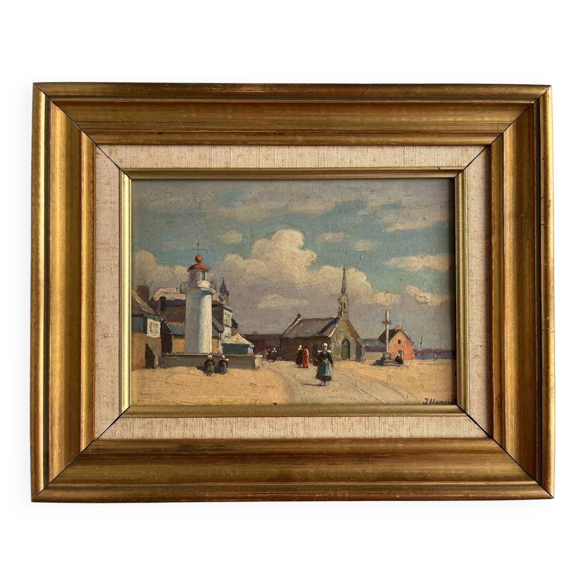 Tableau : huile sur panneau vue de port breton