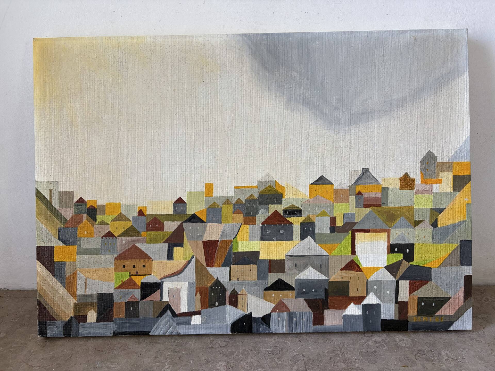 Cubist city, oil on canvas signed Remi 1986