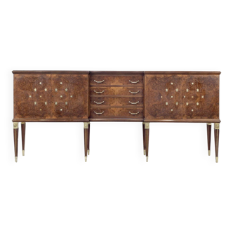 Italian art deco sideboard in dark walnut burl and brass