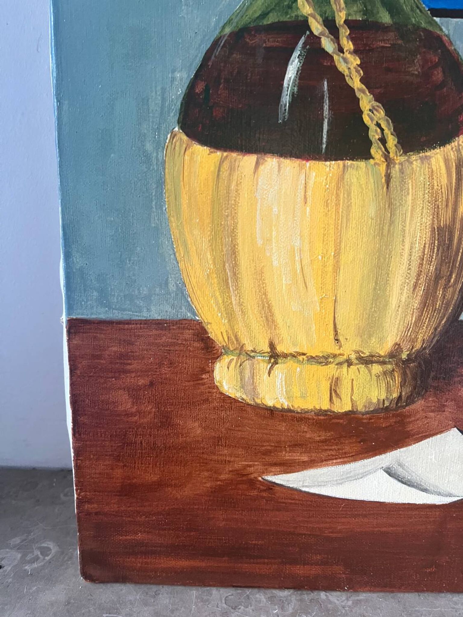 Still life with wine and painting, signed