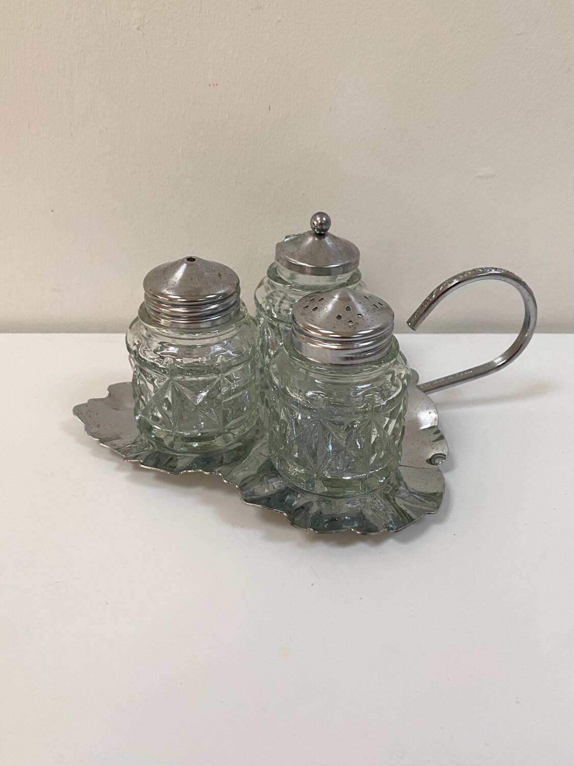 Vintage glass and silver-plated condiment set