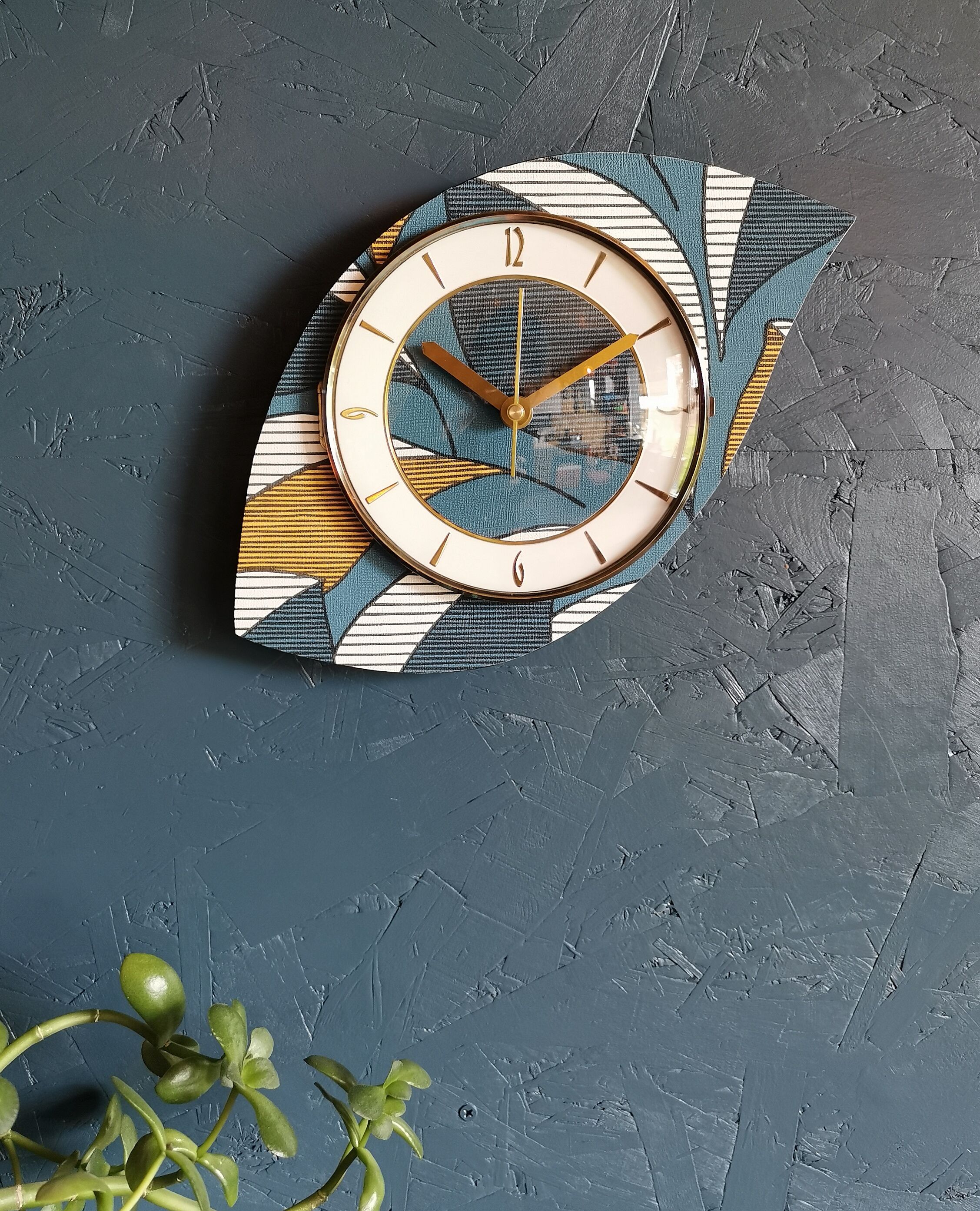 Vintage clock asymmetrical silent wall clock "Blue white ochre"