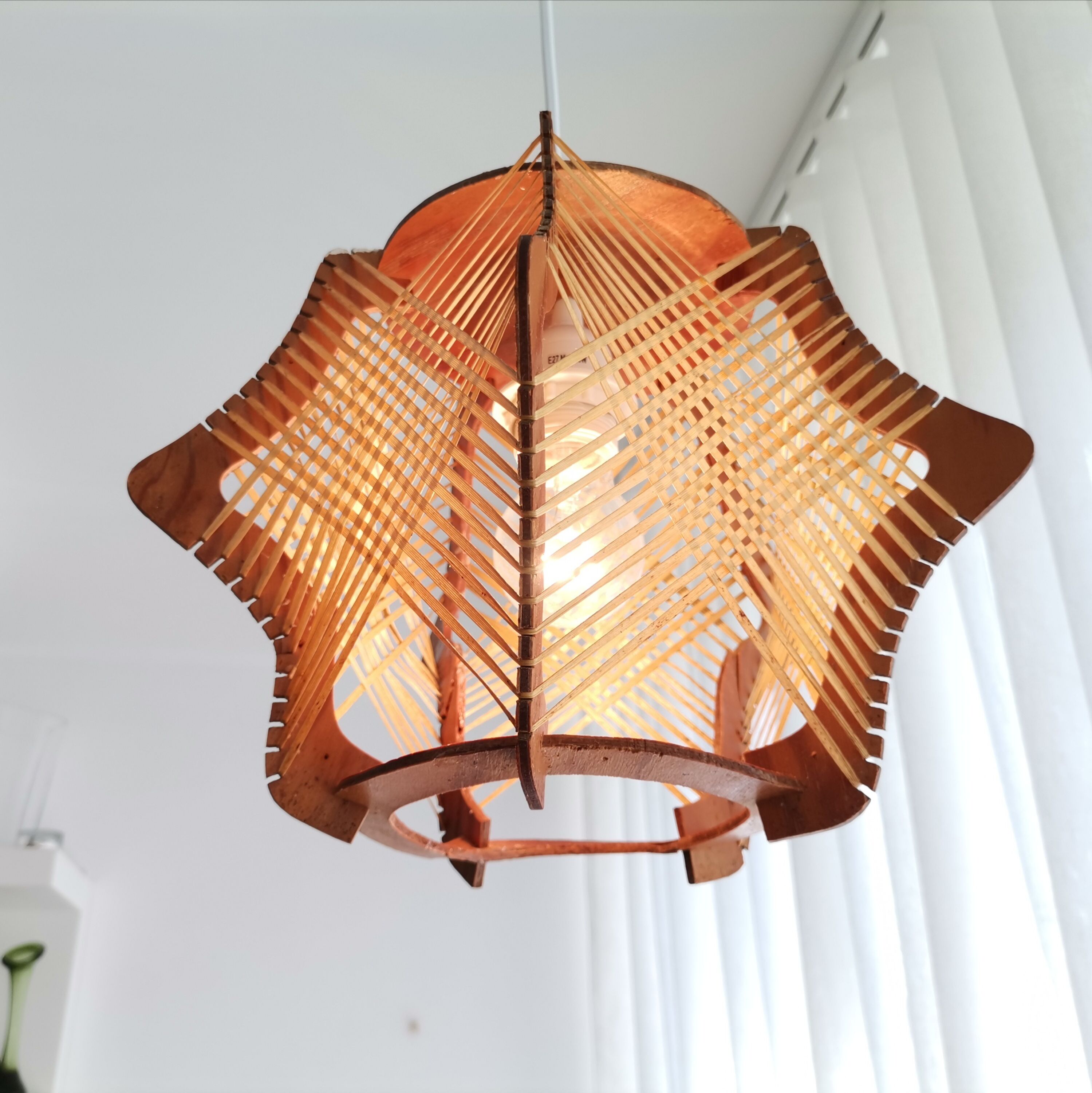 Vintage 1960s wood and straw wooden ceiling hanging lamp
